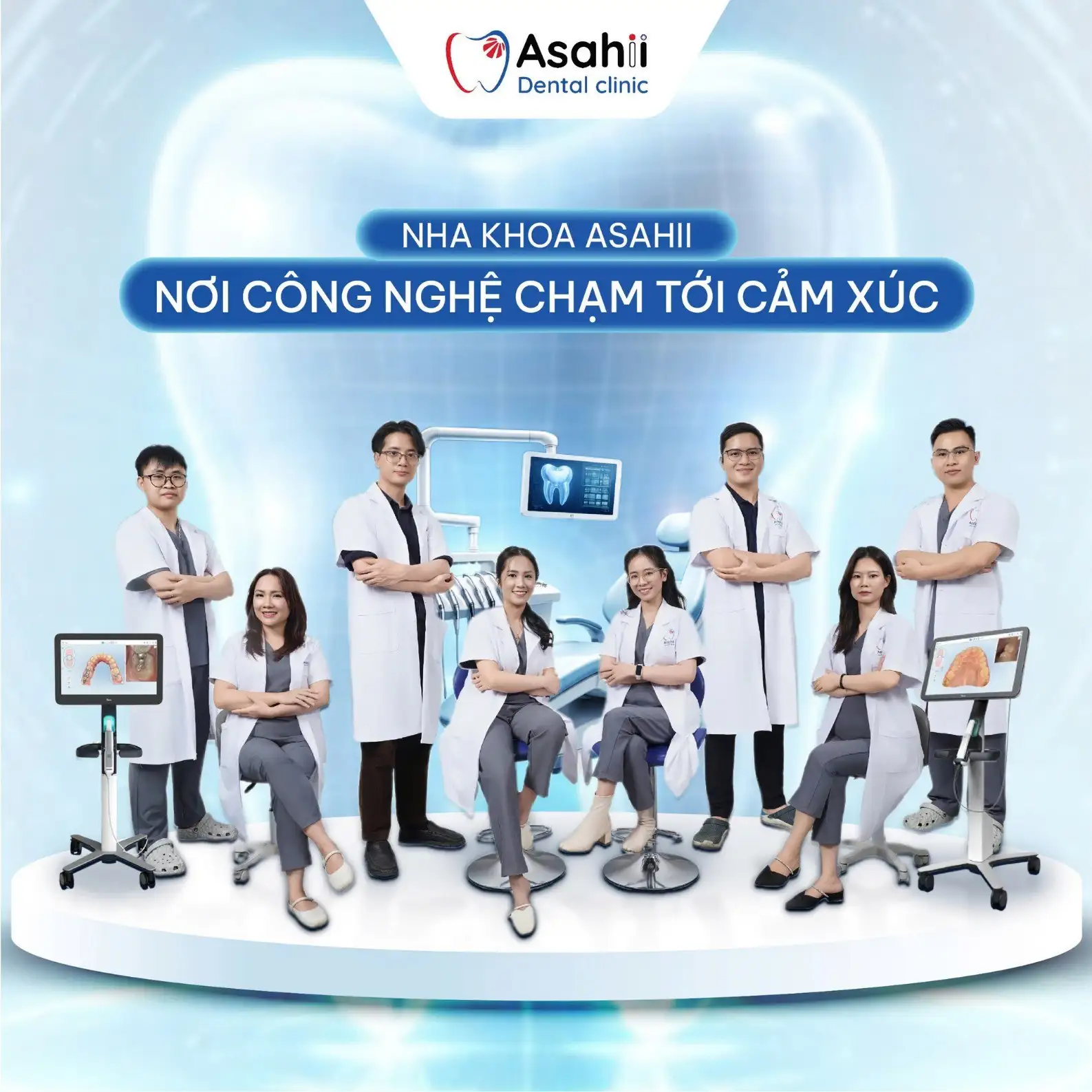 Đội ngũ bác sĩ Nha Khoa Asahii mặc áo blouse trắng trên bục tròn, nền răng phát sáng, khẩu hiệu "Nơi công nghệ chạm tới cảm xúc"
